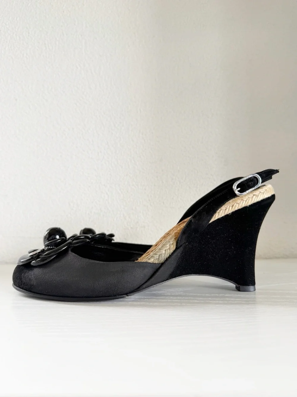 Chanel Camellia Espadrille Wedge Sandals 2006 Cruise Black Suede EU 40